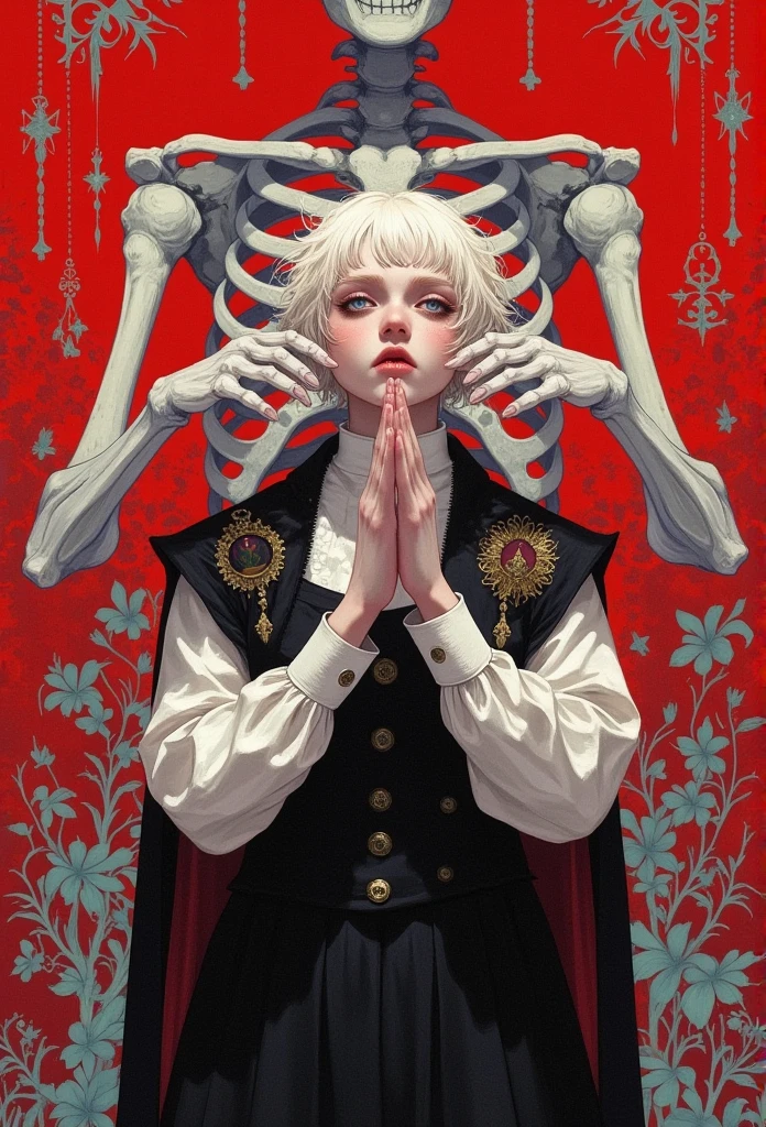 The Magician, The tarot card of the magician is an androgynous man with short hair wearing white gloves. In front of him there's a ribcage that has two arms reaching out to touch his face. On a red background