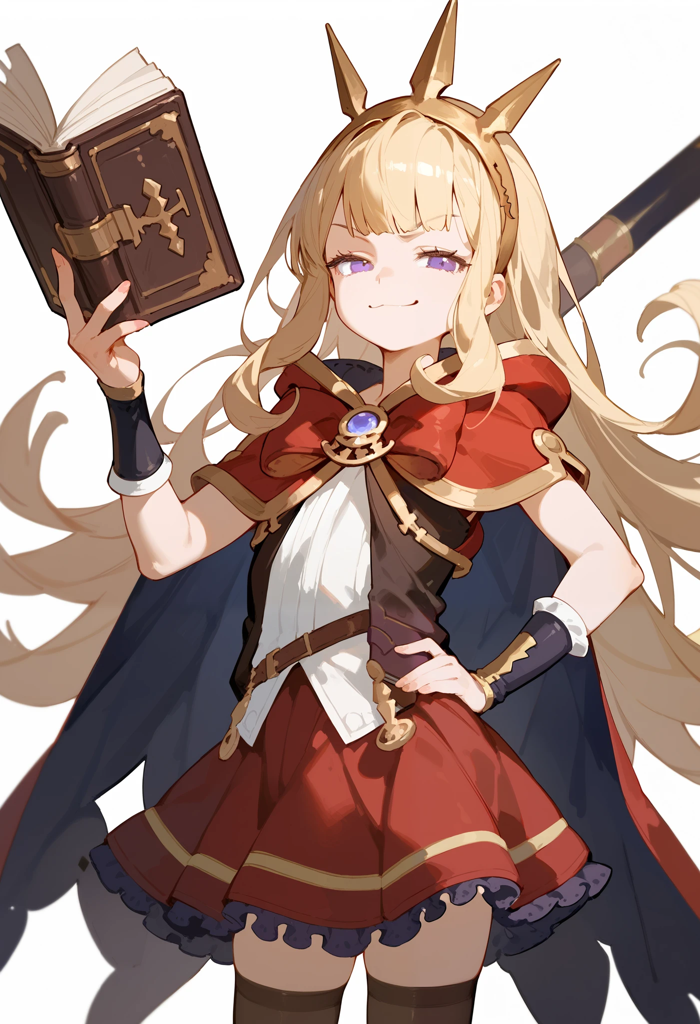 (score_9, score_8_up, score_7_up), 1girl, solo, gbf-cagliostro, Cagliostro, long blonde hair, purple eyes, hairband, crown, black thighhighs, red bow, red skirt, cape, holding a book with a single hand, hand on hip, looking at viewer, small smile, smug, white background, simple background