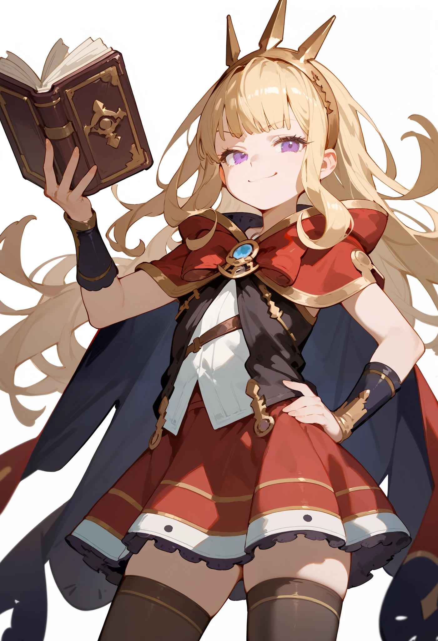 (score_9, score_8_up, score_7_up), 1girl, solo, gbf-cagliostro, Cagliostro, long blonde hair, purple eyes, hairband, crown, black thighhighs, red bow, red skirt, cape, holding a book with a single hand, hand on hip, looking at viewer, small smile, smug, white background, simple background