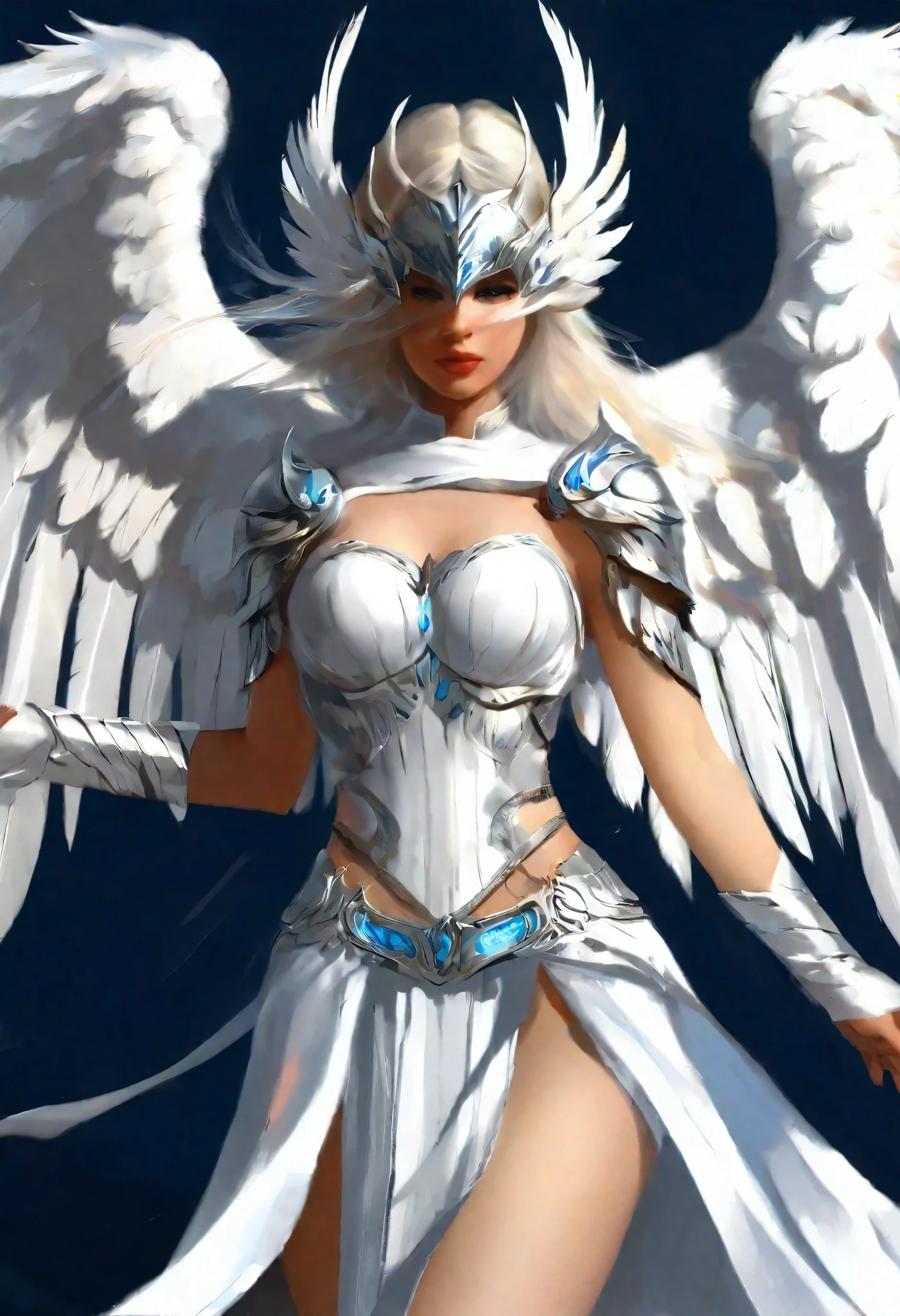 1 female angel，White cape showing at waist_wings armor feathers_Long wing feathers_Hair Shoulders Armor Shoulders_Single piece of armor_Upper wing separation_The body is white_Theme blue_Wings Wings