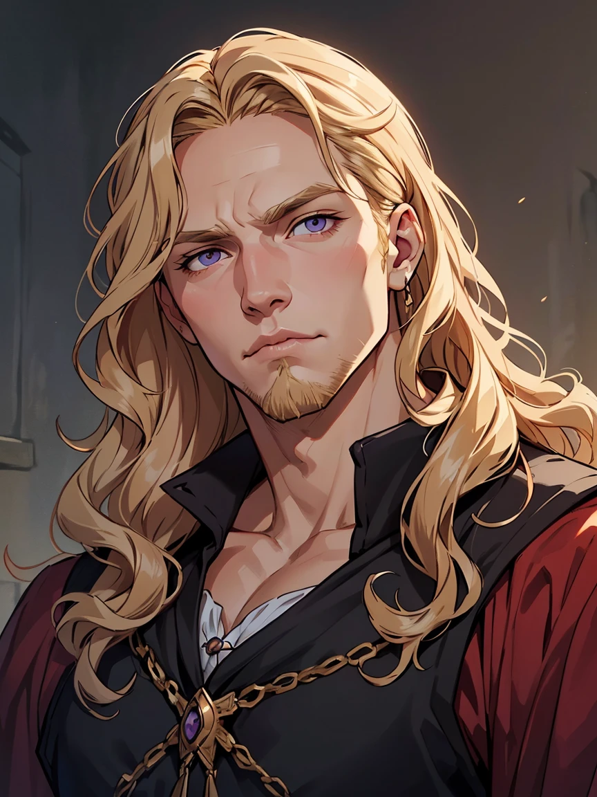 male, late 30s, blond, ((shoulder-length, middle-part wavy hair)), light-purple, deep-set, Sanpaku eyes, blond beard, aquiline and hooked nose, slightly underbite, chiseled, slightly long face, fearless expression, strong and dependable body, ((medieval European royal attire)), ((portrait))