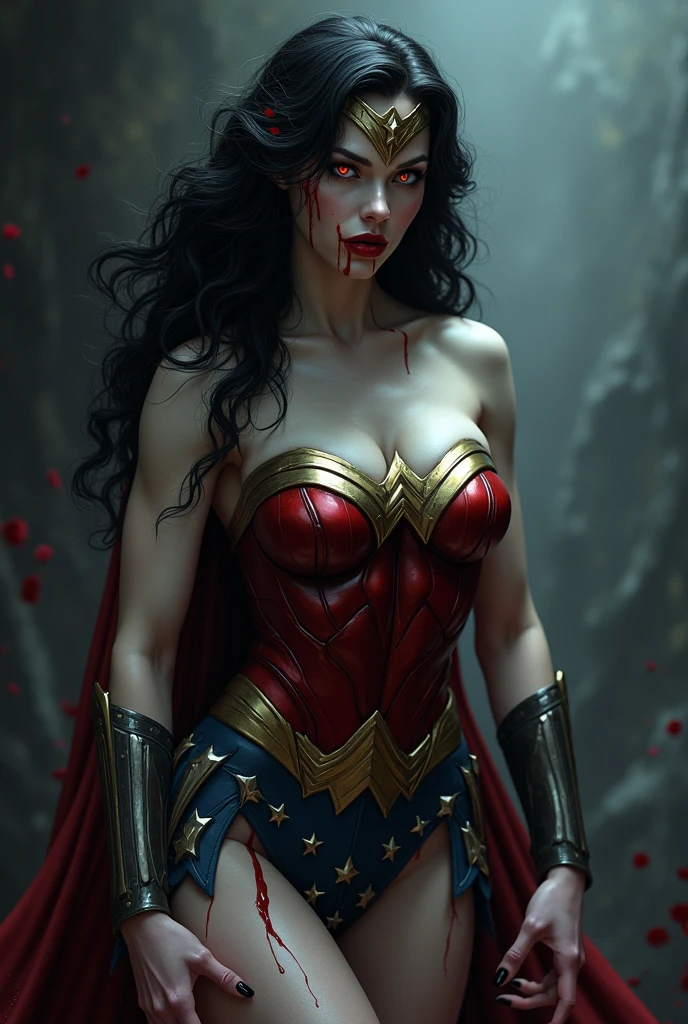 (((A beautiful woman with long black hair under the cloak of the Amazon warrior Wonder Woman Blue corset Wonder Woman pants in red leather on her knees screaming exhausted after an extensive battle blood around her Diaema Wonder Woman in silver metal silver color with a red star on her Diaema)))