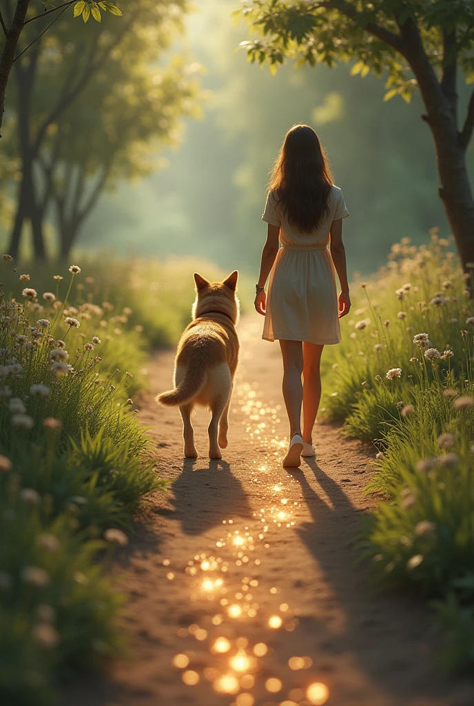 It represents a path with dog footprints in which , as the person follows the trail , , the footprints emit sparkles or small flowers , , symbolizing a reliable and safe path . , the person follows this path with an expression of tranquility, , fully trusting every step guided by their partner .