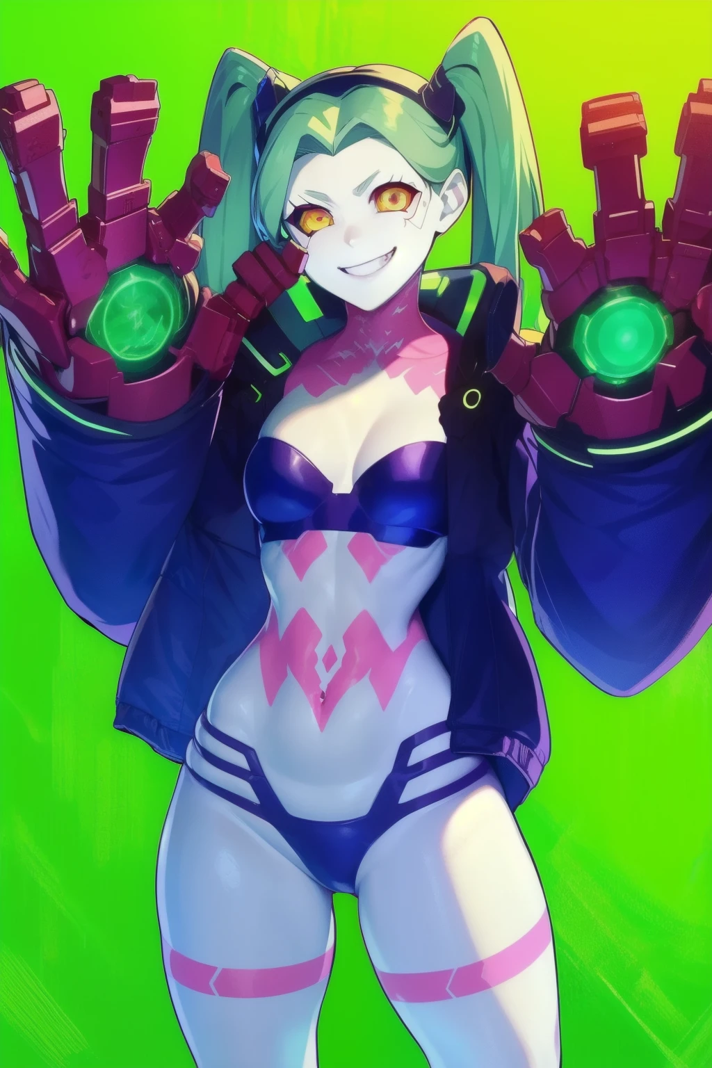 absurdres, highres, ultra detailed, rebecca, green hair, red sclera, pink tattoo, purple lips, twintails, hairband, headgear, black jacket, black bra, long sleeves, smirk, looking at viewer, bighands, mechanical hands, paw pose, cowboy shot, standing, legs apart, simple background