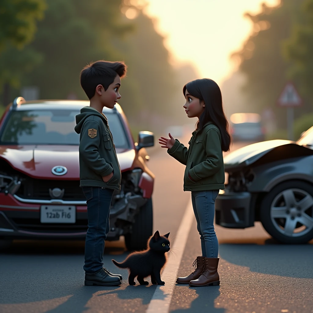  high-quality photo ,photorealism , roadway, don. The car crashed from behind the other, both drivers are standing side by side discussing , one of them points his index finger at a black kitten , standing on the road in front of the first car ,maximum quality ,funny situation  ,Accident