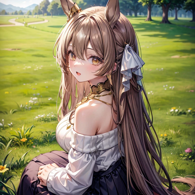 by ttosom, 1 girl, CuteStyle, blue eyes, brown hair, long hair with bangs, flowing hair, dressed in leotard, cow print, cow ears, cow tail, fingerless black gloves, neckline, medium chest, large hips, standing outside in the middle of a field, day, beautiful clouds, sweat on all over the body, specks of dust in the air, looking at the viewer, background color, detailed, beautiful, delicate tone