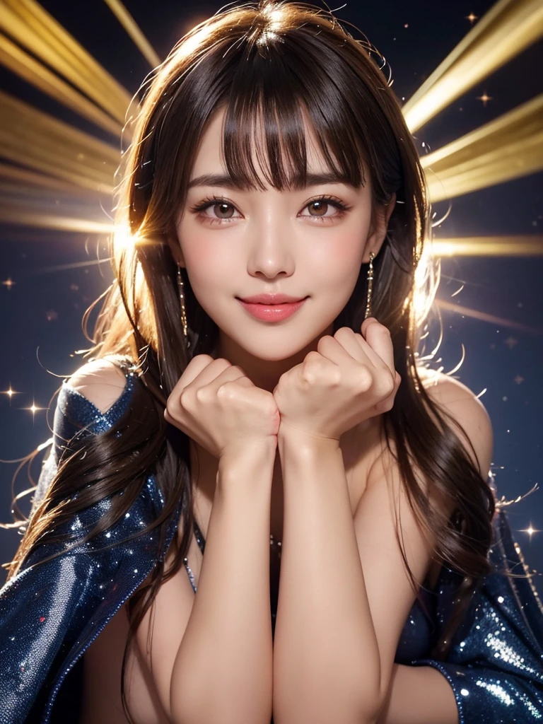 (((very beautiful starry sky)))、((An 18-year-old girl with a very cute face like an idol))、Smiling Kindly、Cleavage、(Cinema lighting)、Artistry、(Facial and body depictions that are indistinguishable from real life)、masterpiece