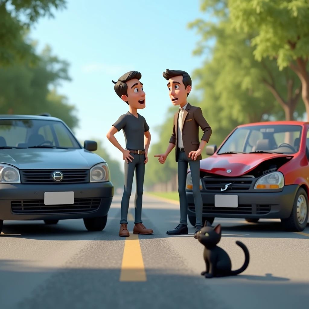  high-quality photo ,photorealism , roadway, don. The car crashed from behind the other, both drivers are standing side by side discussing , one of them points his index finger at a black kitten , standing on the road in front of the first car ,maximum quality ,funny situation  ,Accident