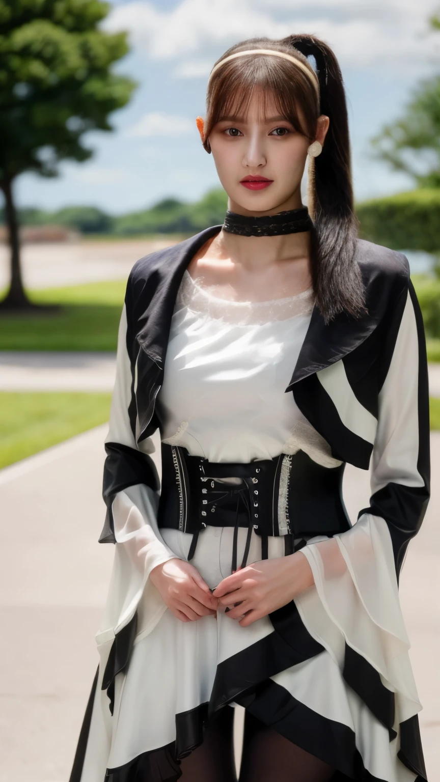 (realistic, photo-realistic:1.2), (masterpiece, best quality), 8k, RAW photo, intricate details, extremely detailed, sharp focus, solo, 1girl, posing for gravure photography, model pose, (aoshimakokoro, tsumuri, TsumuriGeats, black hair, side ponytail, bangs, hair behind ear, hairband, black choker, black jacket, black belt, corset, white dress, wide sleeves, pantyhose, knee boots, high heels, earrings, jewelry), pale skin, (beautiful detailed face, beautiful detailed eyes, sophisticated nose), shiny skin, narrow waist, wide hips, photo background, outdoors, blue sky and clouds,
