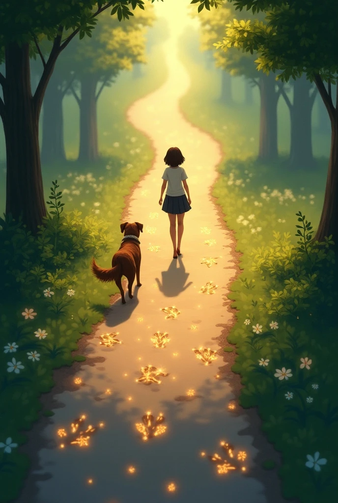 It represents a path with dog footprints in which , as the person follows the trail , , the footprints emit sparkles or small flowers , , symbolizing a reliable and safe path . , the person follows this path with an expression of tranquility, , fully trusting every step guided by their partner . in an animated way