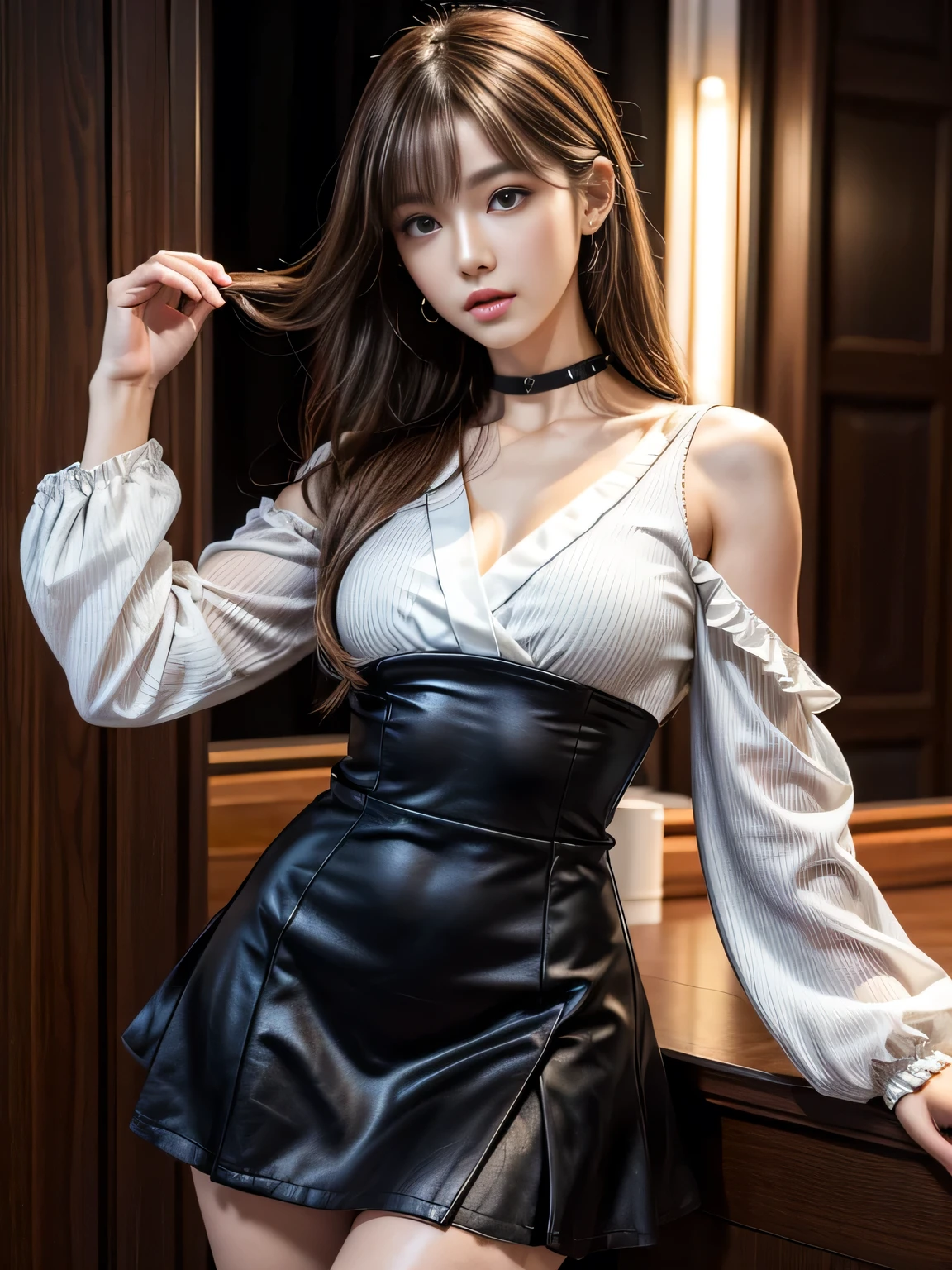 best quality, ultra-detailed, intricately detailed, hyperdetailed, hyper realistic, sharp features, highly detailed, sharp focus, masterpiece,(20yo:1.3), perfect face, perfect eyes, high resolution, Fashion Model, Slender, Korean Idol, Stylish, Realistic, Photorealistic:1.3, Beautiful Face, light brown hair, messy hair, (Flared Long Sleeve Casual Dresses:1.2), ((Solid Slim A-line Party Dresses, Black miniskirt, V Neck Ruffle Mini Dress)), Elegant Korean Clothes, Shibuya,