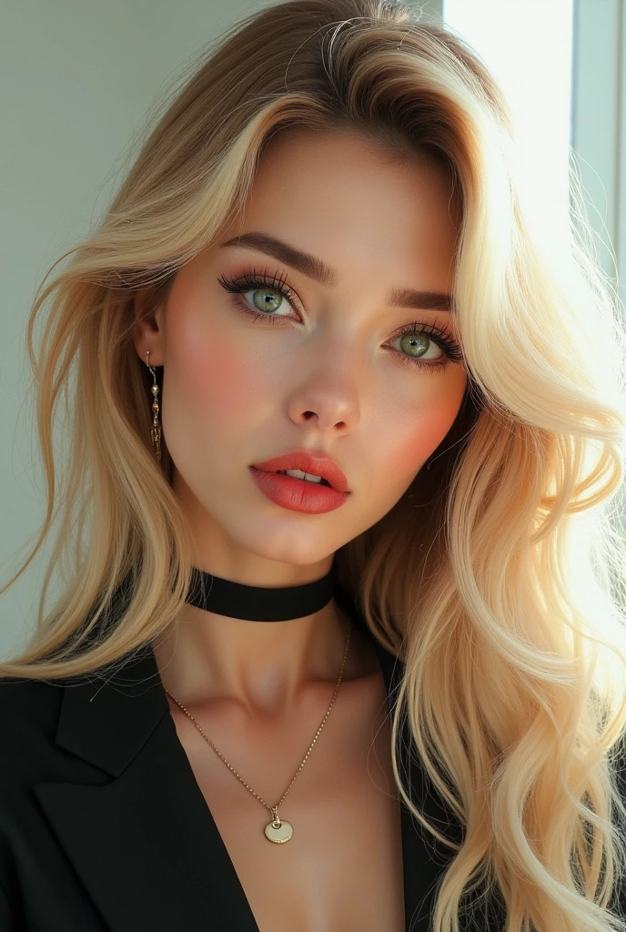 Korean Perfect face blonde hair full lips green eyes fashionable mix of korean and russian features modern escort 