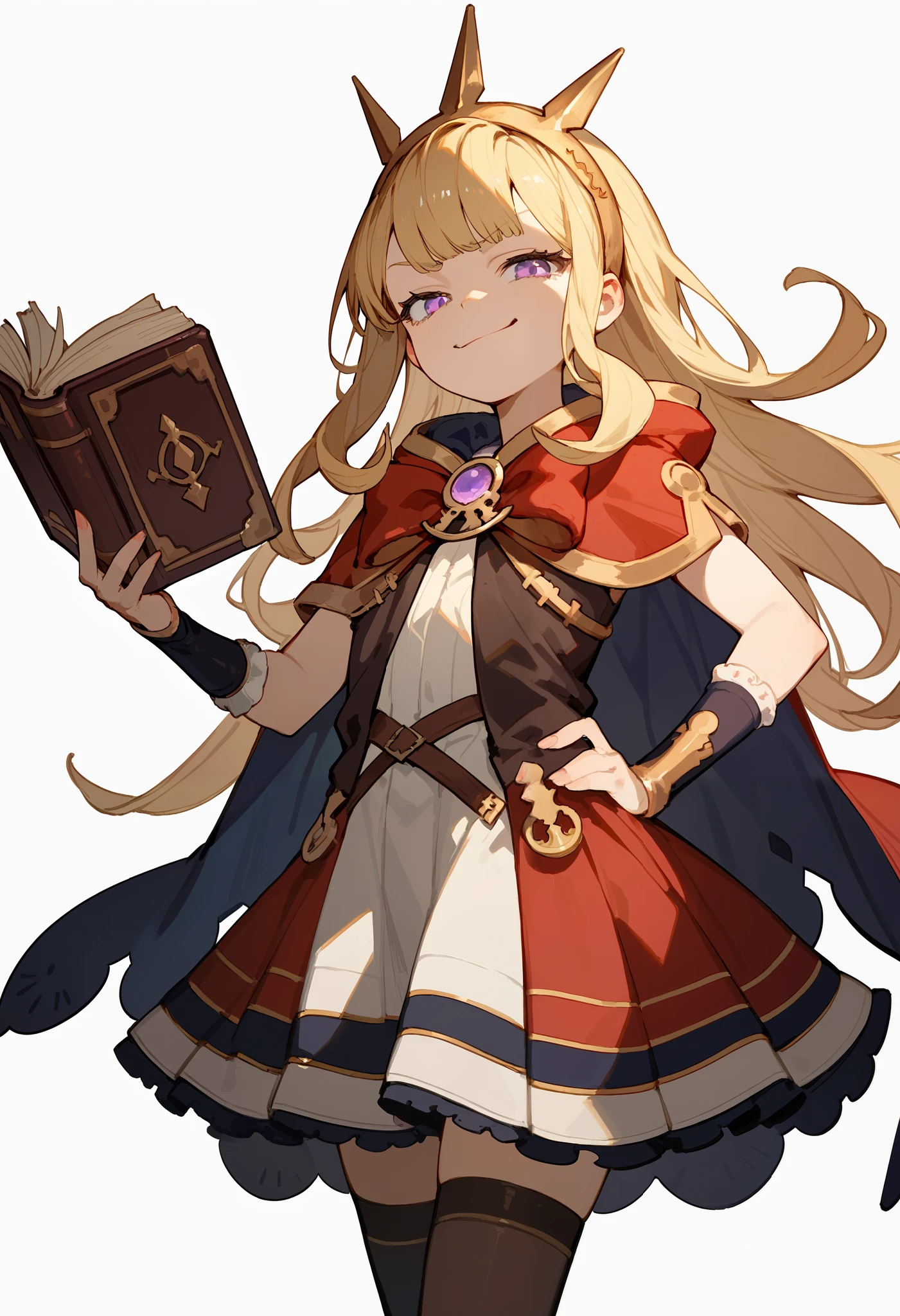 (score_9, score_8_up, score_7_up), 1girl, solo, gbf-cagliostro, Cagliostro, long blonde hair, purple eyes, hairband, crown, black thighhighs, red bow, red skirt, cape, holding a book with a single hand, hand on hip, looking at viewer, small smile, smug, white background, simple background