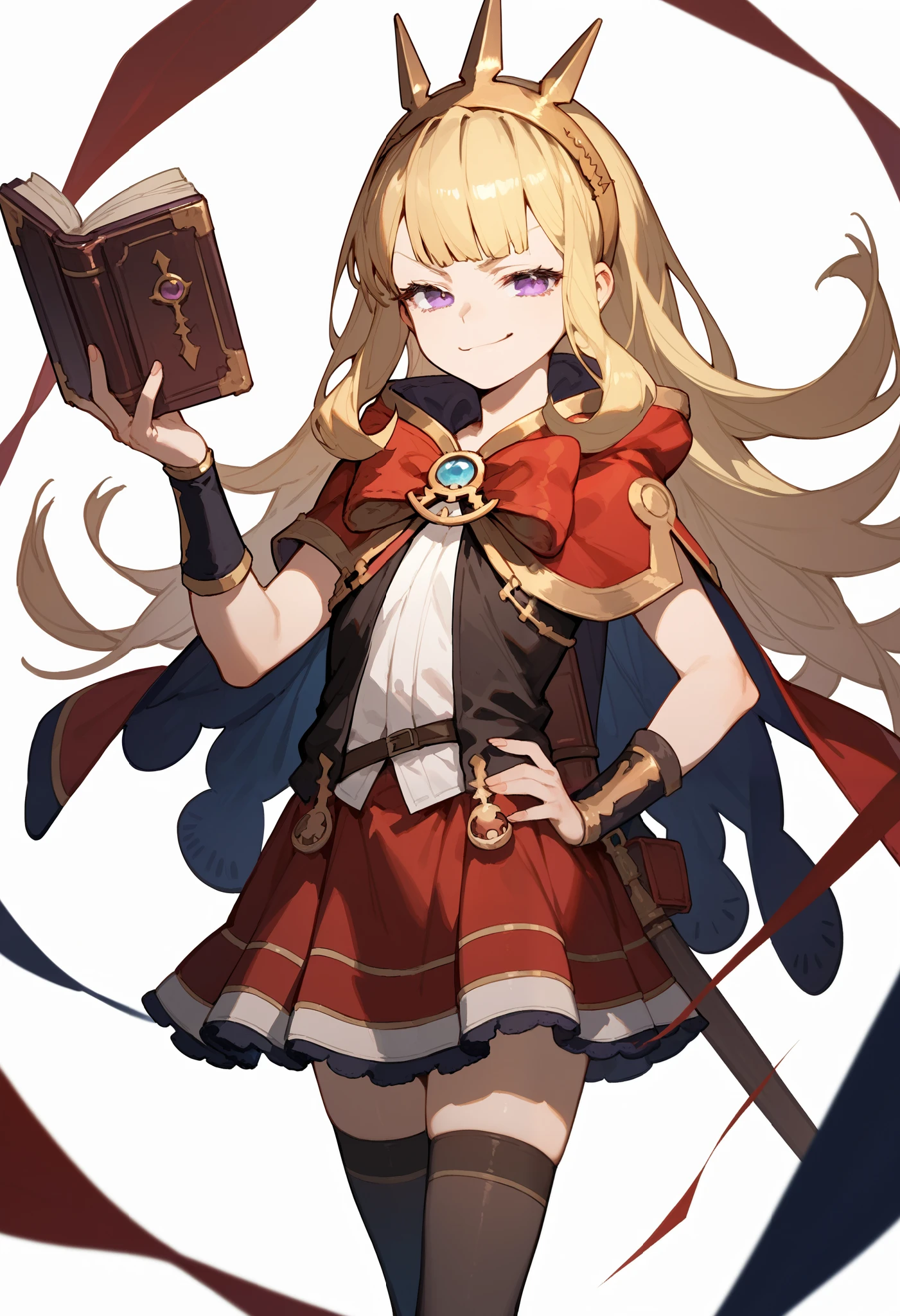 (score_9, score_8_up, score_7_up), 1girl, solo, gbf-cagliostro, Cagliostro, long blonde hair, purple eyes, hairband, crown, black thighhighs, red bow, red skirt, cape, holding a book with a single hand, hand on hip, looking at viewer, small smile, smug, white background, simple background