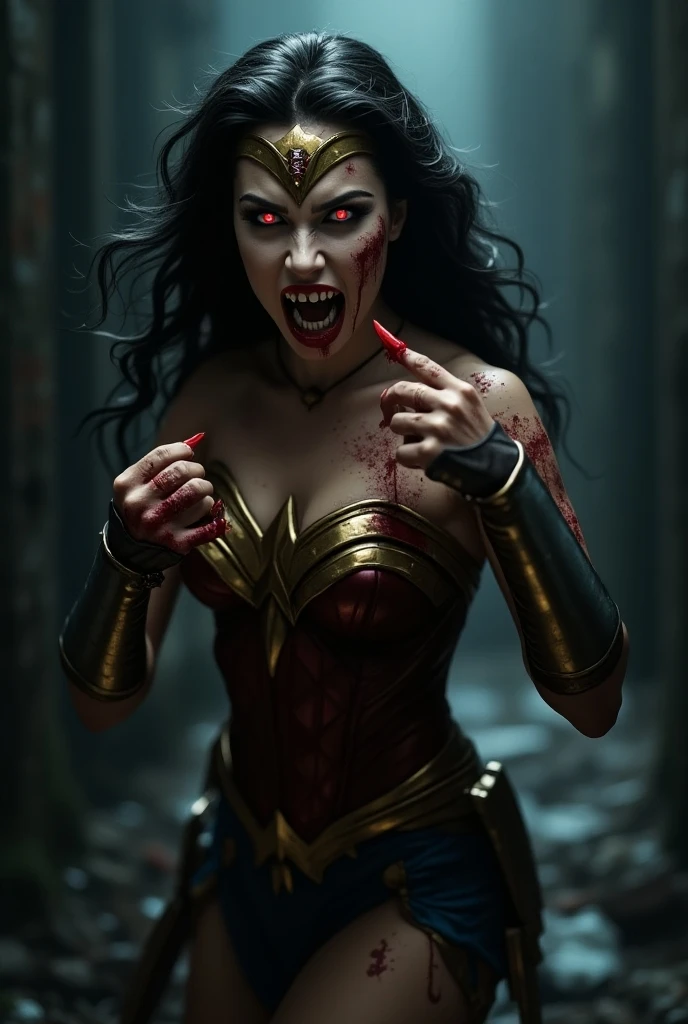 Extreme close-up of Wonder Woman zombie on her knees screaming Silver metal diaema with a red star on her forehead face and body completely putrefied long silver metal bracelets red boots (((Zombie eyes))),(((rotten face))),(((The Walking dead))),(((Eating brains))),(((Zombie eyes))),(((cursed cemetery)))