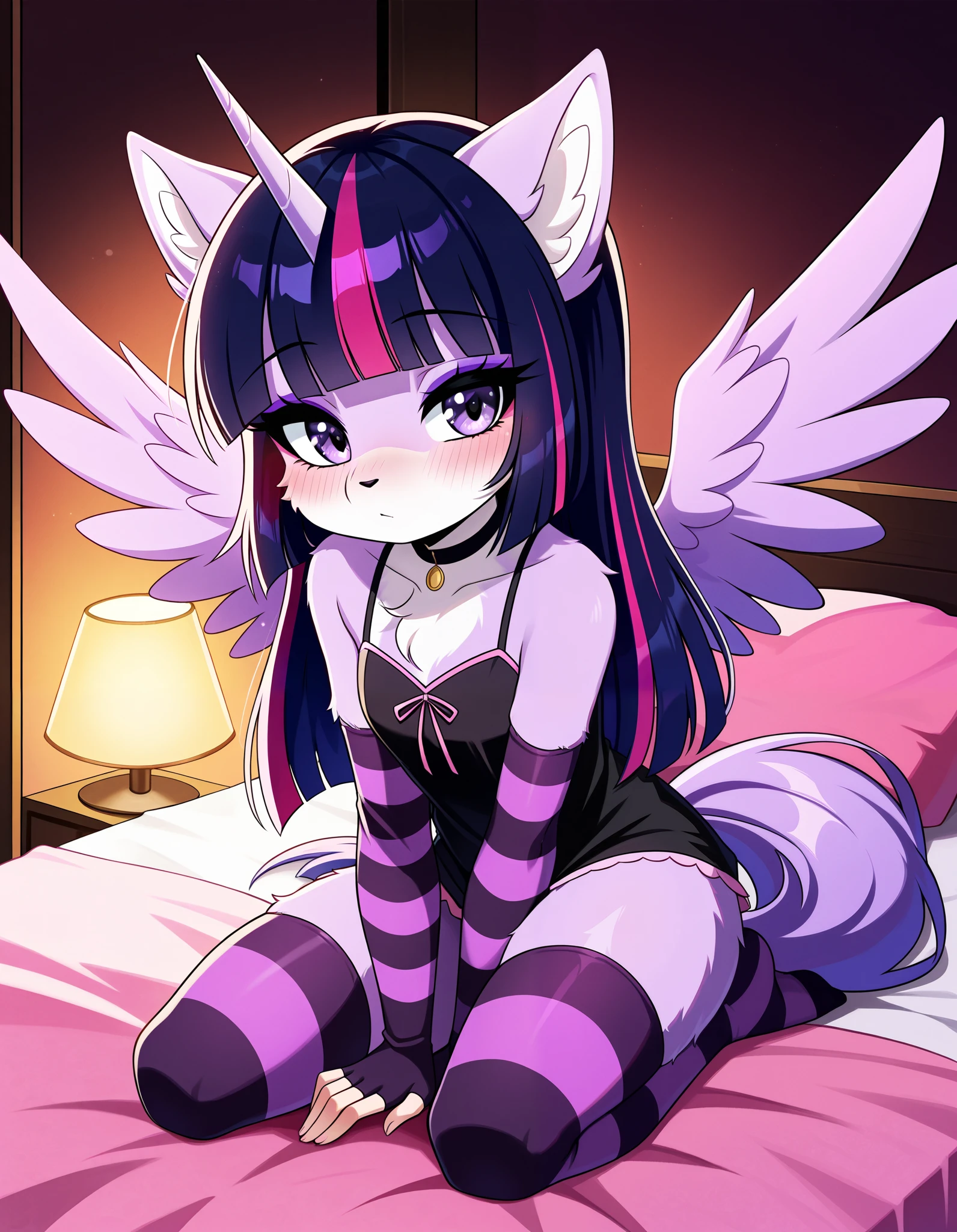 score_9, score_8_up, score_7_up, source_pony, rating_safe, magnaluna,, ((anthro)), twilight sparkle laying her bed in her bedroom in the middle of the night, solo, unicorn horn, pink and purple striped thighhighs, pink and purple striped fingerless elbow gloves, tail, choker, purple fur, eyeshadow, mascara, fluffy fur, spread wings, seductive look, blushing, thin, SparkleXL,