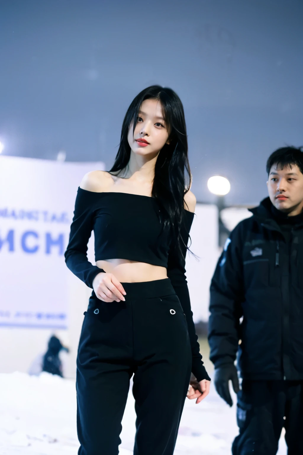 (best quality, masterpiece:1.2),ultra detailed,(photo realistic:1.4), futuristic black tactical suit, special operation agent, ((night)), beautiful girl, background Antarctica futuristic sci-fi outpost snow blizzard strong wind, off shoulder, crop top