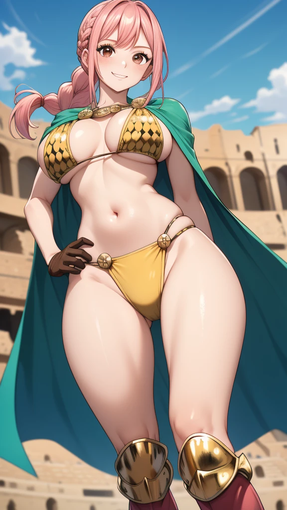 perfect anatomy, super detailed skin, (Rebecca_onepiece, brown eyes, long hair, ponytail, braid, pink hair:1.2), masterpiece、Best Quality、masterpiece,  Hi-Res, 8K quality,  perfect face, 1 girl, beautiful face, beautiful detailed eyes, Alone,  cute face、confident smile, red cheek, Wide hips、 Tight waist 、Big Breasts, underboob, sideboob, (brown gloves, bikini armor, loincloth, green cape, armored boots, revealing clothes, :1.2), Model Pose, cowboy shot, dynamic angle, At the medieval Colosseum