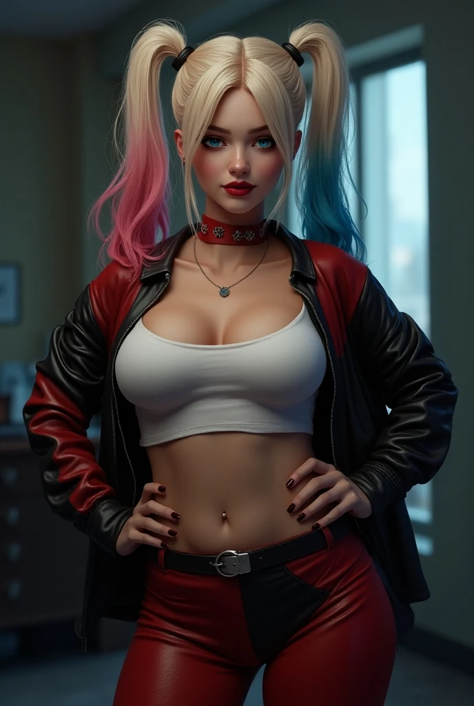 (Harley Quinn), huge breasts, ((pleated tartan miniskirt)), ripped white tee-shirt, (((shiny sheer black thigh-high stockings))), long thick pigtails, goth makeup, white high-heel shoes, I can see the entire woman, full body view, girly pose, thin, athletic, short, skinny, small hips, small butt, big smile, high definition, intricate details, 8k,