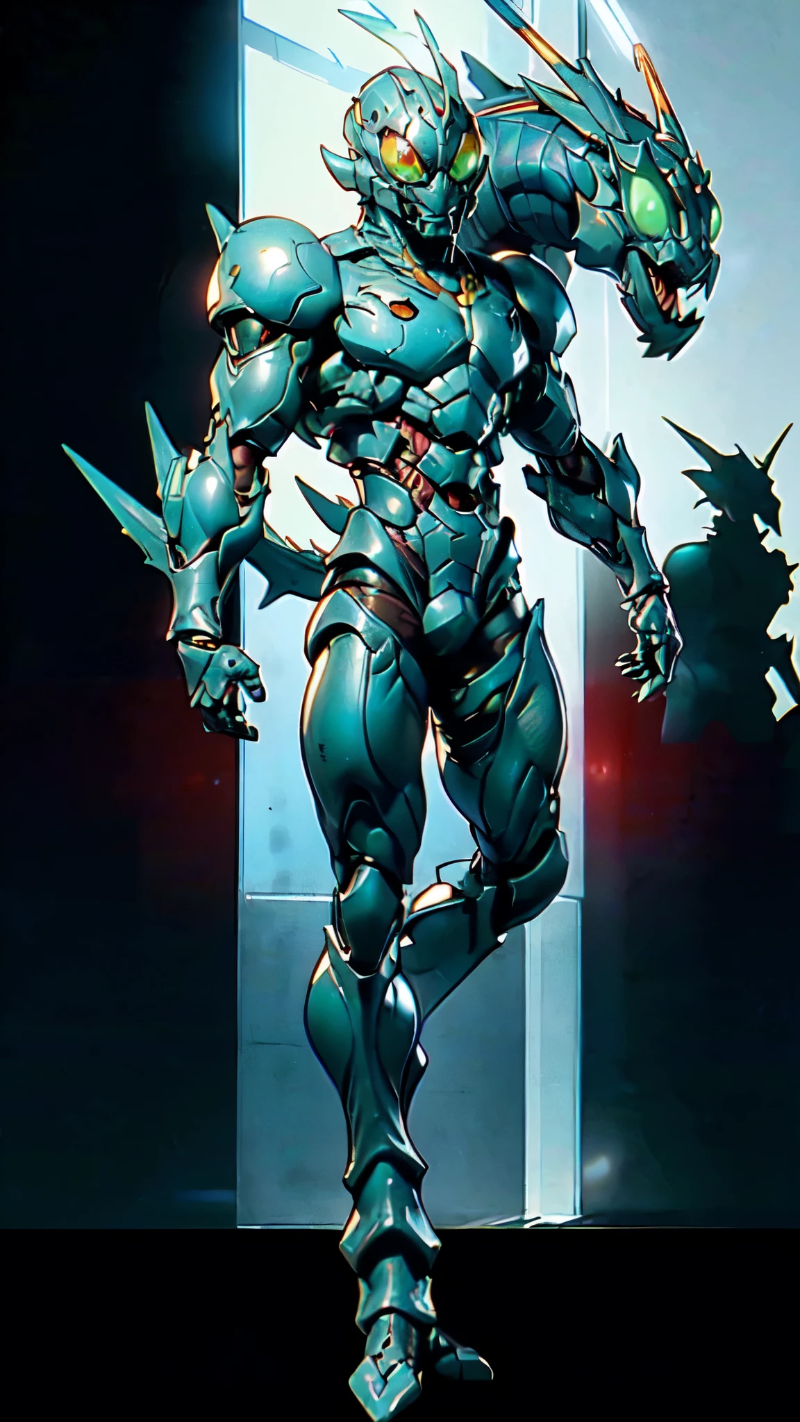 (masterpiece:1.5, best quality:1.5, extremely delicate:1.5), ((male:1.5)), a man wearing a full-face helmet, green eyes, fantasy-style high-tech biomimetic armored combat suit, (a composite layered chest armor), the design balances heavy with agility, fully enclosed shoulder guards, matching arm and leg guards, a belt of gemstone, (the color scheme is primarily Scarlet with White and Green accents, Organic Biotech, Concept Inspired by Demon Dragon, glowing eyes, armor glows, stand of a futuristic sci-fi city), this character embodies a finely crafted fantasy-style armored hero in anime style, exquisite and mature art style, metallic, high definition, highres, ultra-detailed, ultra-fine painting, professional, perfect body proportions, golden ratio, anatomically correct, symmetrical face, extremely detailed eyes and face, high quality eyes, creativity, RAW photo, UHD, 32k, Natural light, cinematic lighting, masterpiece-anatomy-perfect