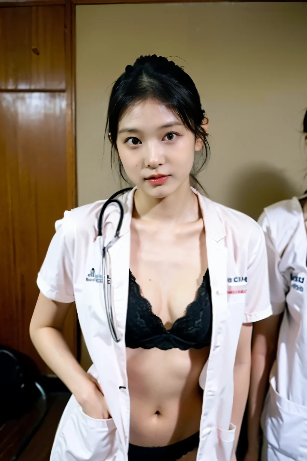 (Asian sister being examined by a doctor in the infirmary), detail panties, No bra,tits, whole body, 18year old with the face of a ****ar ***, only women,girls standing in line,breasts being palpated