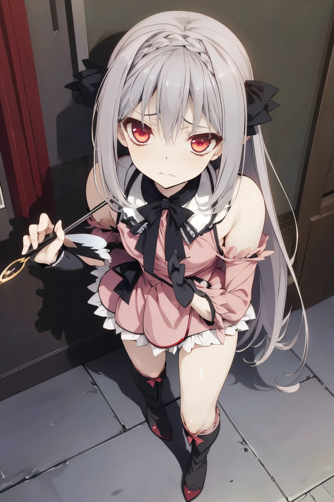 {Best Quality}, {ultra-detailliert}, {very detailed illustration}, silber hair, Aimei, embarrassed from,breastsout,Suspender Skirt,red blush,Black tie,Be undress,suspenders、skirt by the、Casual clothing,Maids