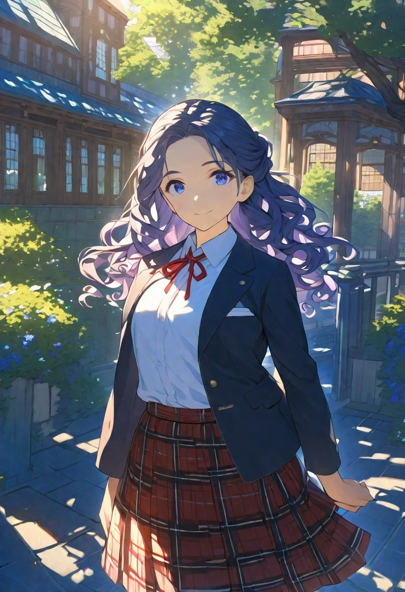 Nsfw, Masterpiece, hdr, bloom, 4k, Anime-style illustration featuring a beautiful female student with dark blue hair, Boyish hairstyle, curly hair, no bangs, 17age, Small in stature, medium breast, She is wearing a formal school uniform consisting of a black blazer, white shirt, red neck ribbon, red plaid skirt, and black pantyhose. The student stands gracefully. The background is a serene school courtyard during a sunny day, with trees, a blue sky, and soft sunlight filtering through, creating a peaceful and bright atmosphere. The style is detailed and vibrant, evoking a classic anime scene, cowboy shot, looking at viewer, smiling 