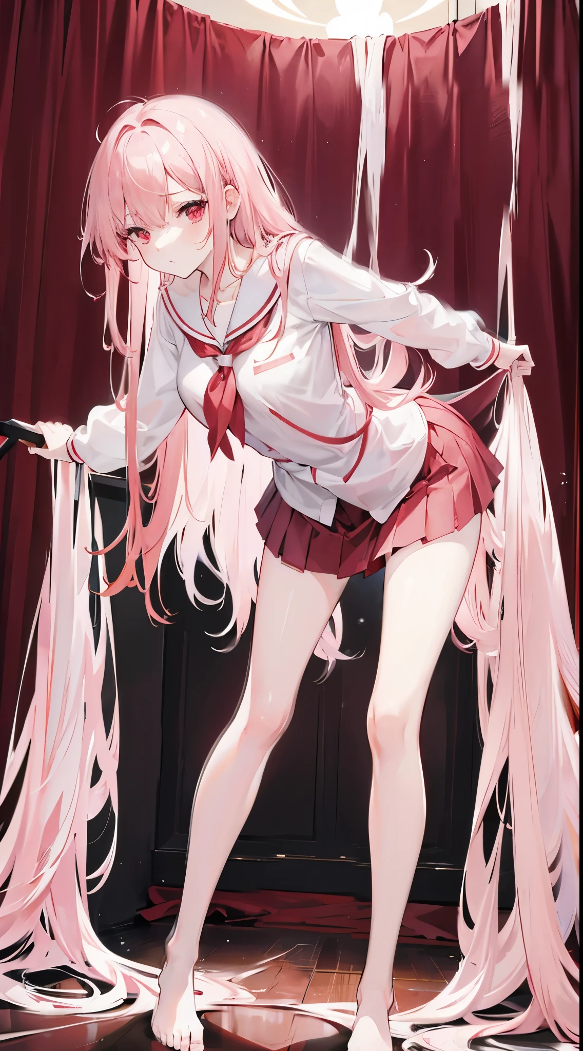 1 long hair,Pink hair,schoolgirls,short skirt,During the school day,embarressed,Be red in the face,looks away (The girl clamped her legs while holding the urine,The expression is very enjoyable,It's about to climax,Pants are wet,Show it,Make sure to draw the content inside the parentheses)