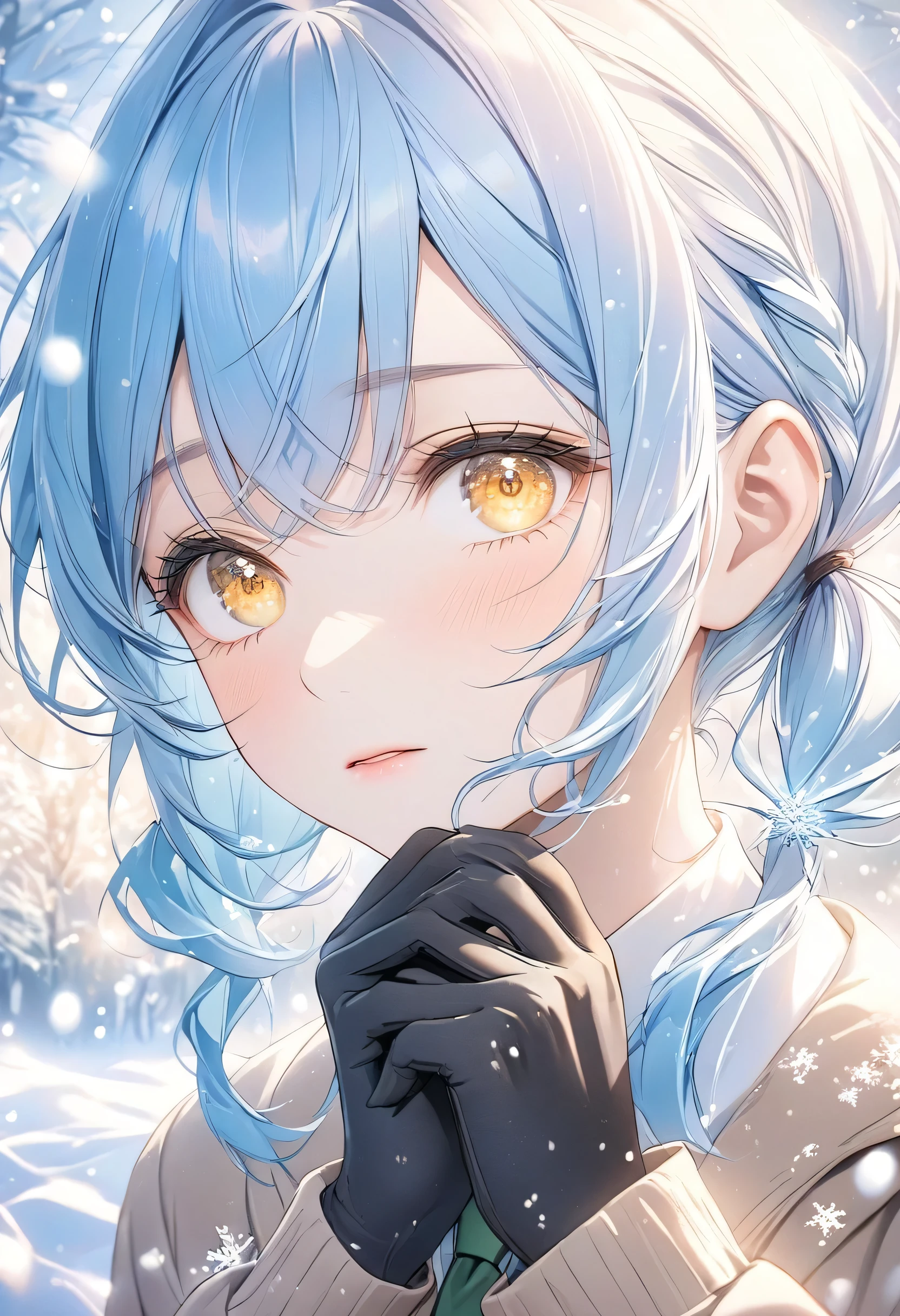 masterpiece, best quality, close-up, 1girl, blue hair tied in low twin tails, intense golden eyes, brown winter school uniform, white shirt with green tie, black gloves, holding hand near face, visible cold breath, snowflakes falling around, serene expression, icy particles in the air, soft and cold lighting, tranquil winter atmosphere, detailed face and hair strands  