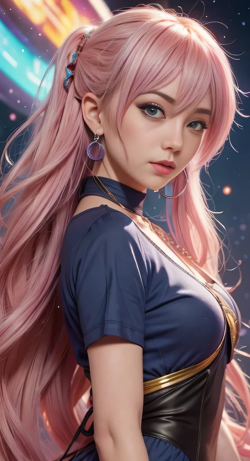 (obra de arte, melhor qualidade, 1 garota, Sozinho, detalhes intrincados, chromatic aberration), realista, ((medium breath)),Cabelo longo, cabelo rosa, red head ornament, destaques rosa, cabelo sobre um olho,olhos roxos, brincos, olhos afiados, gargantilha, camisa neon, jaqueta aberta, corte superior, (olhos de simetria),(Perfect symmetrical body),contra a parede, parede de tijolos, grafite, Poor lighting, beco ,olhe para o visualizador