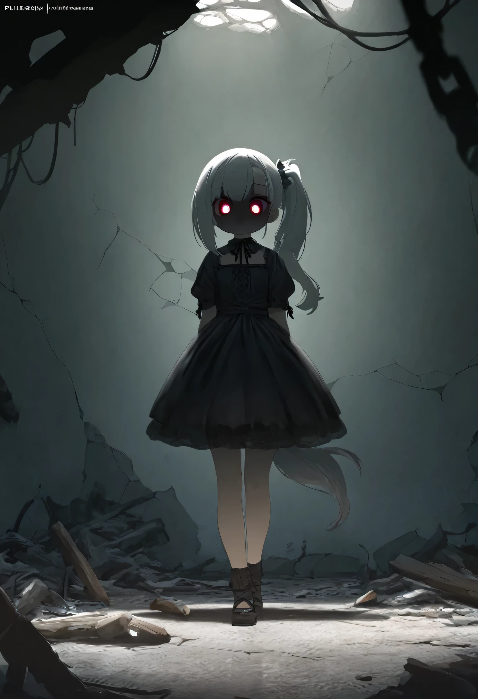 masterpiece, best quality, 8k, highres, ultra-detailed, HDR, UHD, ultra-fine painting,translucent girl,fullbody,silver hair,side pony tail hair,girl close up,dark gothic, glowing dark eyes, black dress flowing,faint mist surrounding her, ominous and unsettling, desolate prison, cracked walls and floor, broken bed, debris scattered on the ground, dim lighting, eerie atmosphere,  soft light casting shadows, dark and mysterious mood, horror theme, supernatural presence