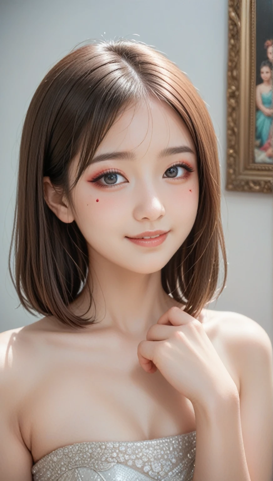 8K resolution, ultra-high definition, pixel perfect, ultra-fine details, delicate facial features, upright, big eyes, clear, pictures, ultra-clear, ultra-clear, detailed pictures, asian girl,20 yo,smile,eyebrow makeup, eyebrows, eye makeup, elegant eye shadow colors, mermaid Ji, elegant lip makeup, pink, thick lip makeup, watery lip makeup, natural, gentle, contouring, blush, clear, elegant, wallpaper, ultra-clear, master work, 16K, high-speed high-definition, detailed, Super artistic, national style, long camera, shooting, studio, master photo, oriental beauty, close-up of face, panorama, studio, light sense, modern style, ancient style, 8K resolution, ultra-high definition, pixel perfect, ultra-fine details