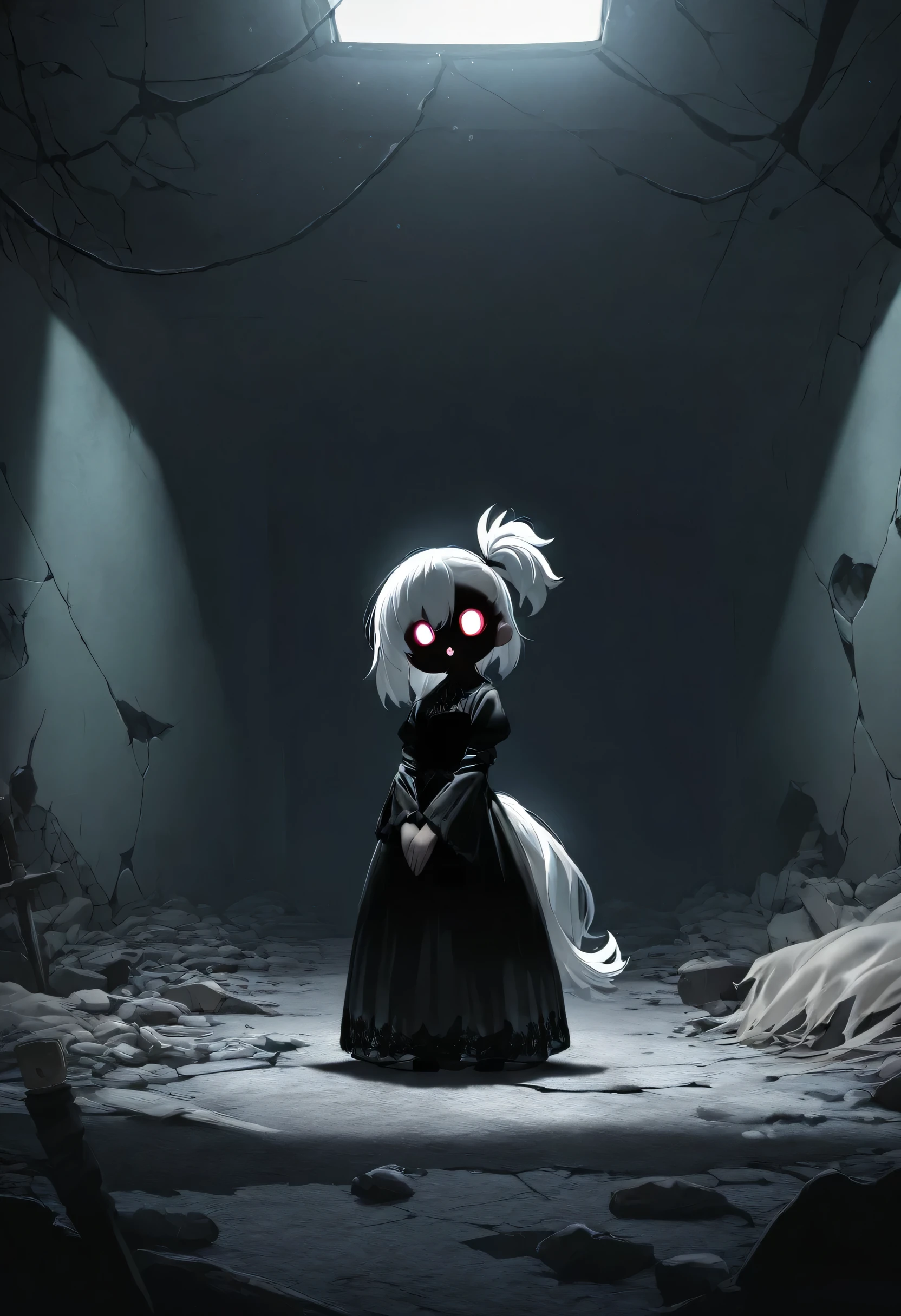 masterpiece, best quality, 8k, highres, ultra-detailed, HDR, UHD, ultra-fine painting,translucent girl,fullbody,silver hair,side pony tail hair,girl close up,dark gothic, glowing dark eyes, black dress flowing,faint mist surrounding her, ominous and unsettling, desolate prison, cracked walls and floor, broken bed, debris scattered on the ground, dim lighting, eerie atmosphere,  soft light casting shadows, dark and mysterious mood, horror theme, supernatural presence