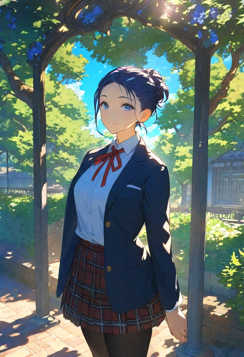 Nsfw, Masterpiece, hdr, bloom, 4k, Anime-style illustration featuring a beautiful female student with dark blue hair, Boyish hairstyle, no bangs, 17age, Small in stature, large breast, She is wearing a formal school uniform consisting of a black blazer, white shirt, red neck ribbon, red plaid skirt, and black pantyhose. The student stands gracefully. The background is a serene school courtyard during a sunny day, with trees, a blue sky, and soft sunlight filtering through, creating a peaceful and bright atmosphere. The style is detailed and vibrant, evoking a classic anime scene, cowboy shot, looking at viewer, smiling 