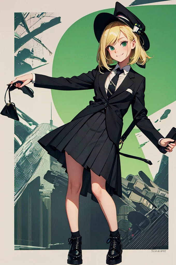 a cartoon female figure holding onto a small black purse with one green and one white hand on opposite sides, 1girl, solo, blonde hair, hat, one side up, smile, skirt, necktie, full body, black headwear, socks, black footwear, looking at viewer, jacket