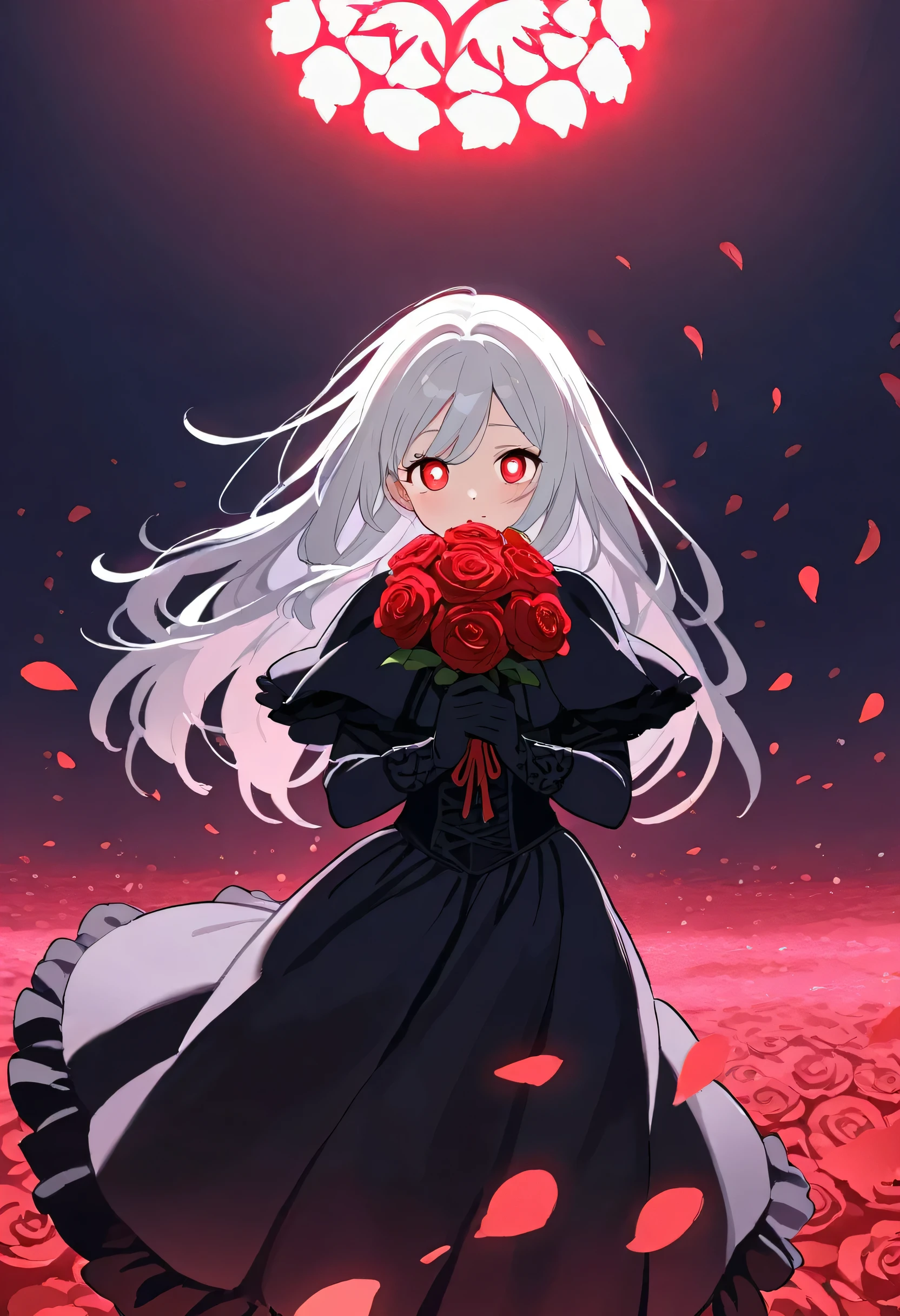 masterpiece, best quality, ultra-detailed, a young girl with long silver hair and bright red eyes is standing in a moonlit garden, surrounded by dark roses and floating petals, her dark outfit is frilled and flows elegantly as she reaches out with one hand, holding a bouquet of glowing flowers in the other, the petals around her swirl with a magical energy, softly glowing in purple hues, the moonlight casts long shadows across the garden, and the atmosphere is serene but filled with quiet power, her expression is soft and mysterious, as if she knows something hidden within the night.