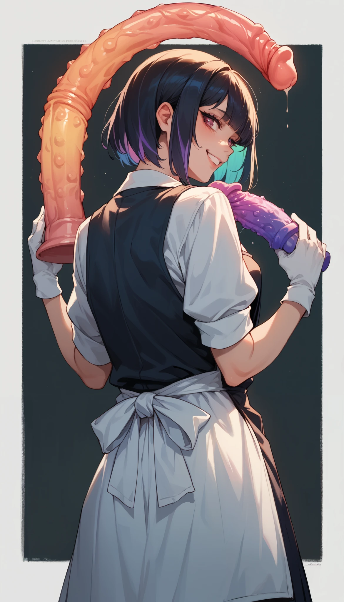 Smiling young female, long apron, school uniform mixed gothic, japanese tits , colorful glowing 2 big dildo colored rainbow in both hands, with white gloves, from back,