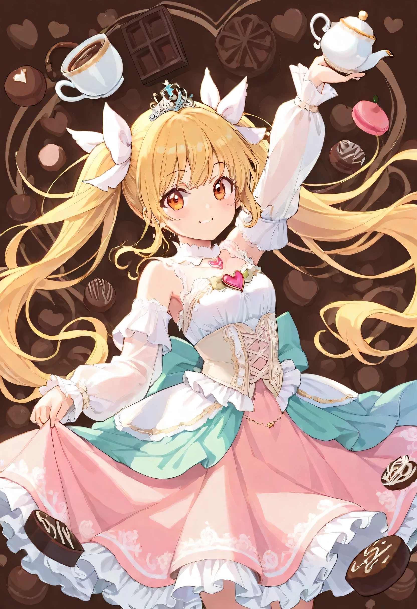 masterpiece, best quality, ultra-detailed, 1girl, long teal twin tails, pastel,wearing an elaborate fairytale-inspired dress, frilly white and pink with layers of lace and ribbons, adorned with heart and bow details, intricate patterns on the sleeves and skirt, delicate corset and puffed sleeves, large teacup with intricate latte art, chocolate box background, elegant and graceful pose, gentle lighting, soft whimsical atmosphere, sweets and chocolate theme, magical and dreamy