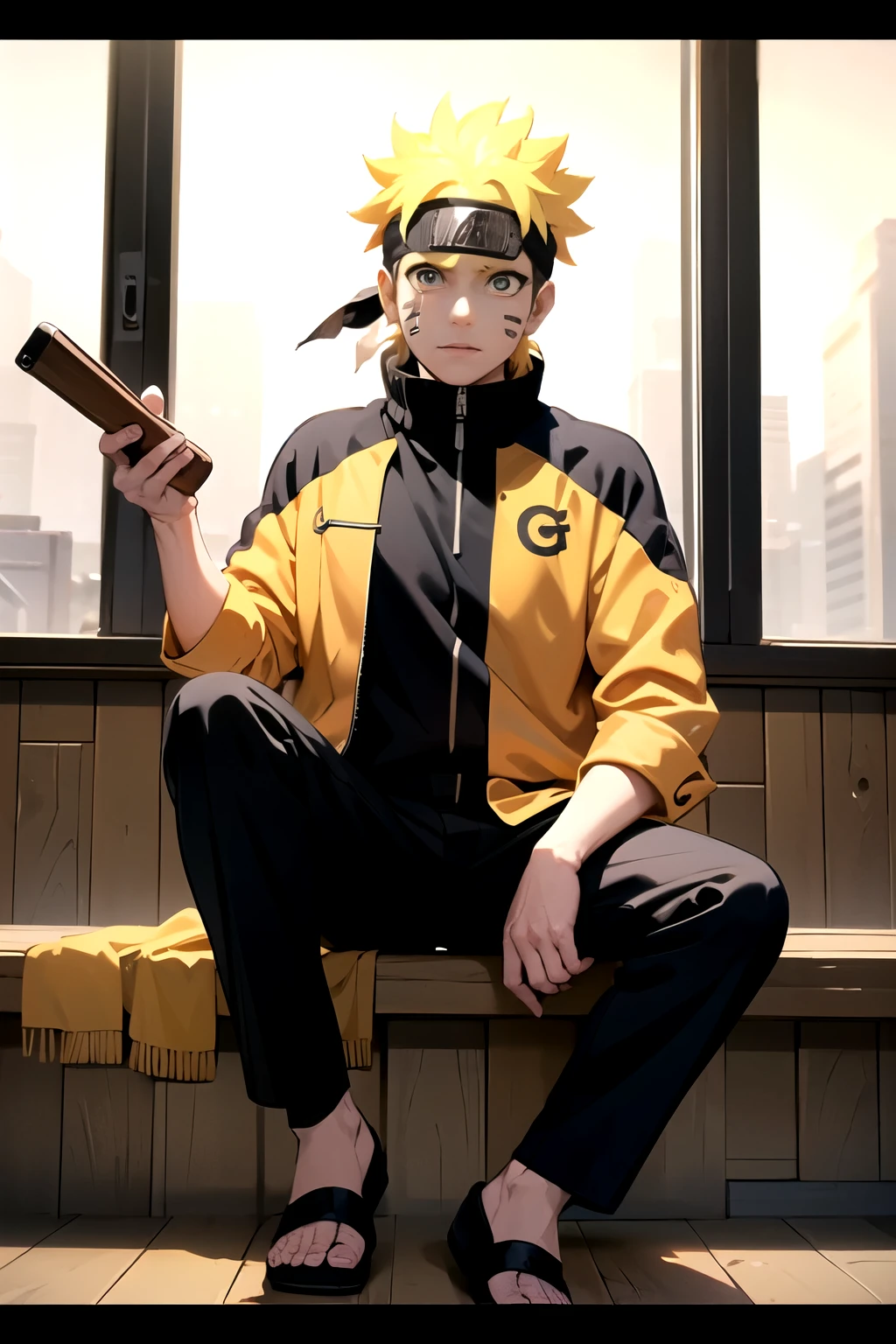  score_9,  score_8_up,  score_7_up,  score_6_up,  score_5_up,  score_4_up, Naruto,  One Boy ,  yellow eyes, symbol-shape pupils, Blonde,  Headband , facial mark、 Black Bodysuit , -bar \(symbol\), Golden jacket, High collar, full body, Golden Sandals, Cowboy Shooting