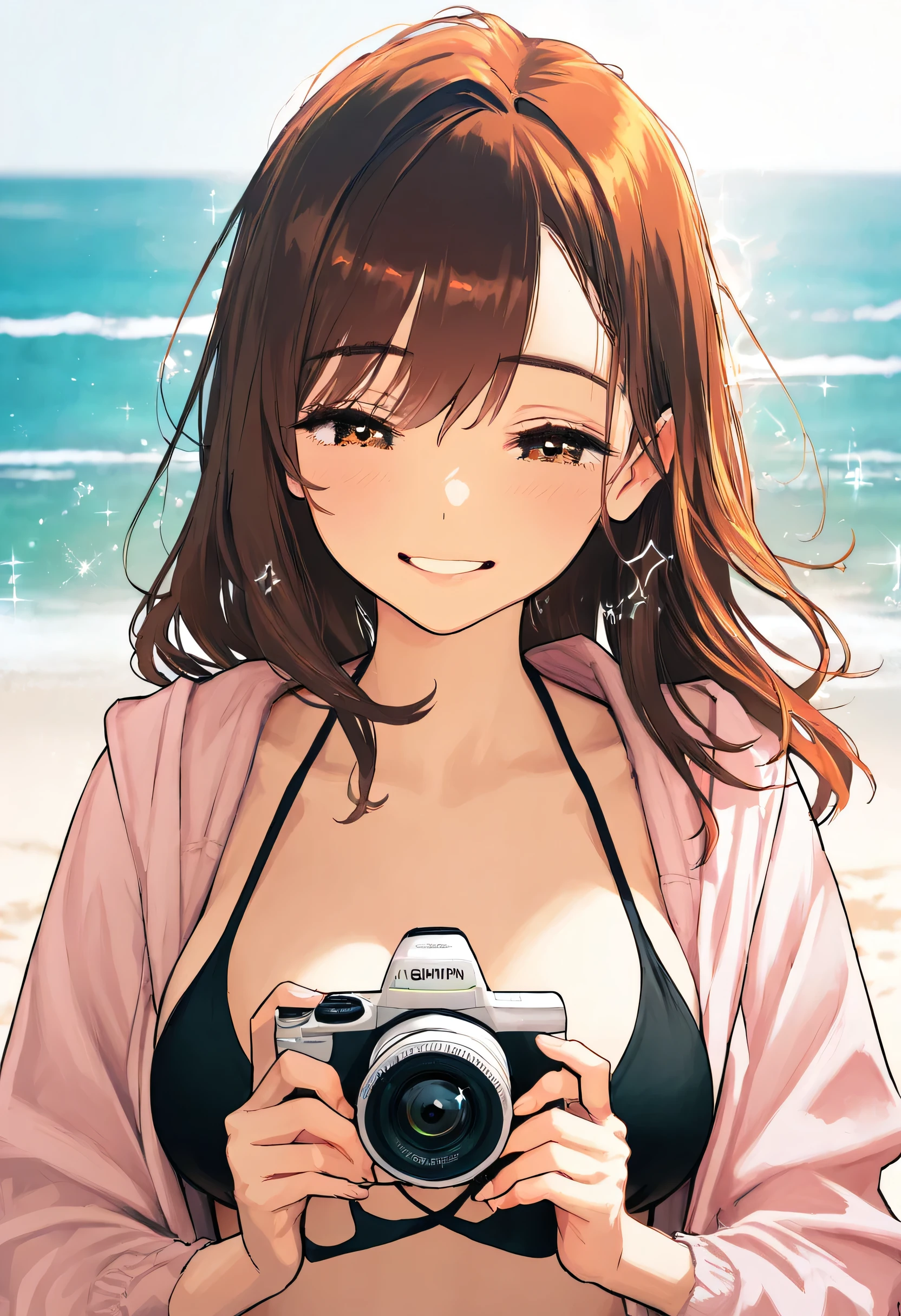 illustration, best quality, japanese 1girl, long brown hair, holding a camera near her face, gentle smile, wearing a light pink jacket and black bikini, beach background, sparkling effects in the air, bright and sunny atmosphere, soft ocean waves in the distance, relaxed and cheerful vibe, warm and soft lighting