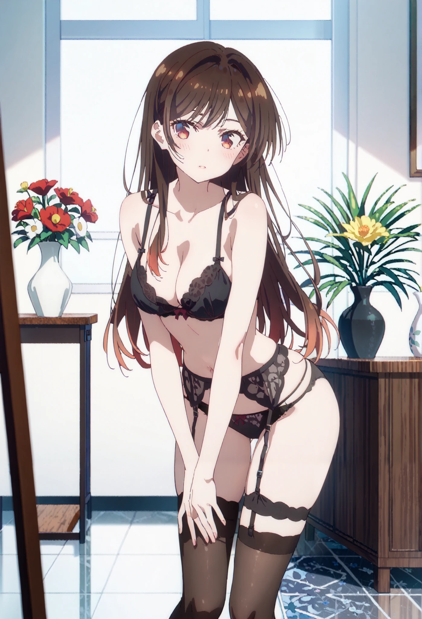 score_9, score_8_up, score_7_up, source_anime,detail animation,1girl,multicoloed flowers,big vase,marble floor ,nude,underwear,,black Bra,black panties,flower stand,underwear only,spacious room,chizuru_mizuhara, long hair, bangs, brown hair, brown eyes, red eyes,medium breasts,black lace garter stockings,black thighhigh,garter belt,navel,leaning forward