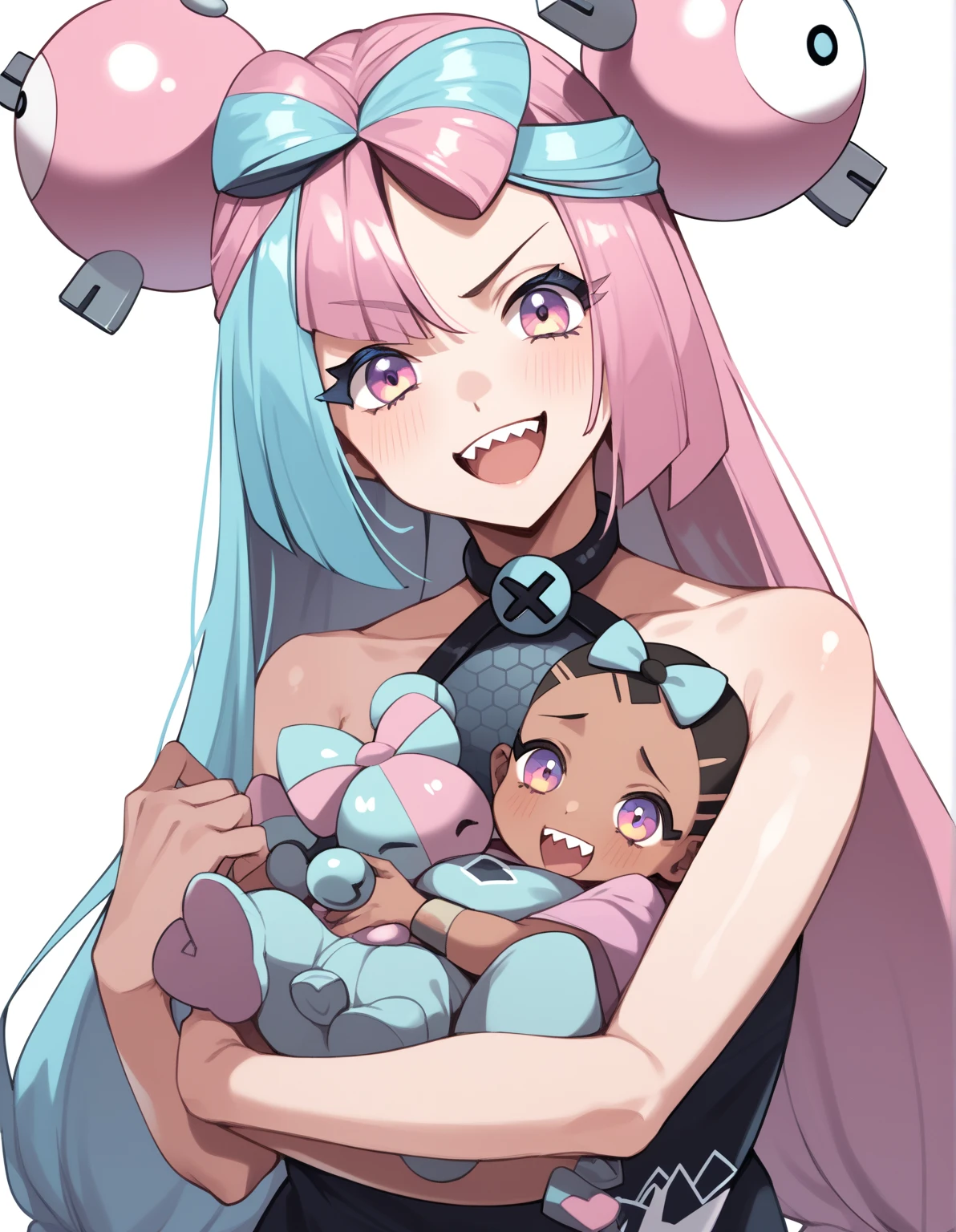  cowboy shot,  1girl,pokemon iono, blue hair, bow-shaped hair, character hair ornament, hair ornament, long hair, low-tied long hair, multicolored hair, pink hair, sharp teeth, split-color hair, twintails, two-tone hair, pink eyes, small breasts, BREAK  mother and , small,hugging up, (((african baby))),