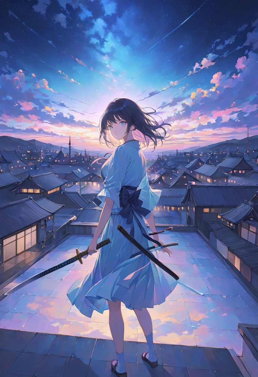  one woman,pastel,rooftop,Night view,Night Sky,Women hold Japanese swords,Hold with one hand,Hold at an angle, seen from afar, staring at me ,Impressive scene 