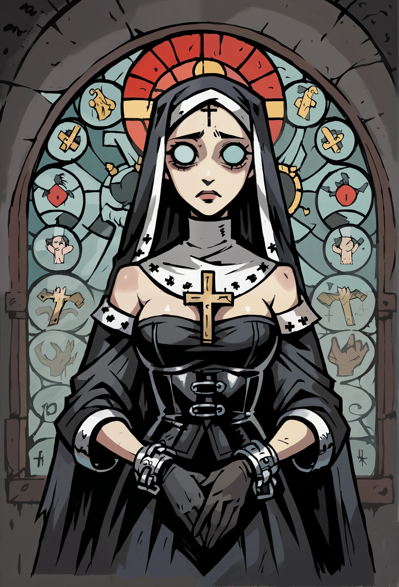  Draw a female character with an aesthetic that mixes Catholic symbolism and BDSM elements.  She wears a clothing inspired by a religious habit ,  but with provocative details , like black leather,  lace and metallic accessories .  The traditional veil is adorned with silver chains that descend over your shoulders ,  contrasting with the sacred aura of her posture .  She wears a leather corset with cross details ,  tied with satin ribbons and wrapped in thin strings that recall bondage practices .  Her arms are covered by long leather gloves ,  with metal bracelets connected by small padlocks .  Catholic symbols , like the rosary ,  are present as accessories , with a gothic and provocative touch. His expression is enigmatic, almost heavenly,  with intensely outlined eyes ,  evoking both power and submission . In the background,  a religious stained glass window stylized with deep colors ,  highlighting duality between the sacred and the profane in the character .