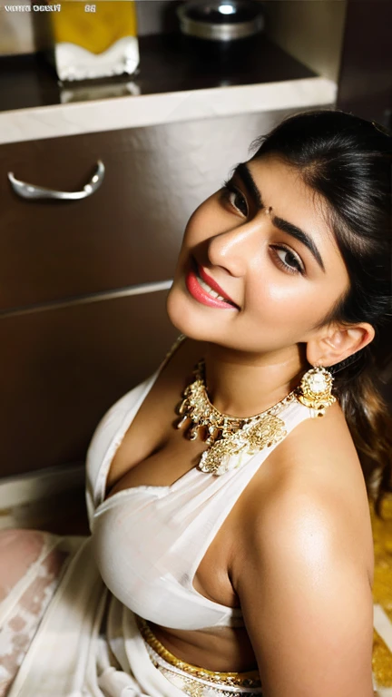 day scene, extreme close up photo of sexy Sreeleela from top view, deep cleavage, armpits, seductive eyes, look at viewer and smile, sitting on cabinet in bathroom, revealing clothes, necklace, white Saree, ponytail, (cinematic:1.3), intricate details, (ArtStation:1.2)