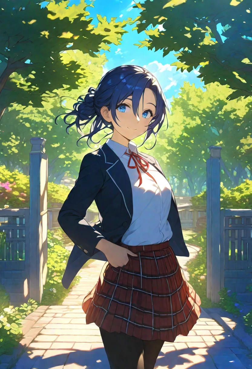 Nsfw, Masterpiece, hdr, bloom, 4k, Anime-style illustration featuring a beautiful female student with dark blue hair, Boyish hairstyle, hair between eyes, 17age, Small in stature, large breast, She is wearing a formal school uniform consisting of a black blazer, white shirt, red neck ribbon, red plaid skirt, and black pantyhose. The student stands gracefully. The background is a serene school courtyard during a sunny day, with trees, a blue sky, and soft sunlight filtering through, creating a peaceful and bright atmosphere. The style is detailed and vibrant, evoking a classic anime scene, cowboy shot, looking at viewer, smiling 