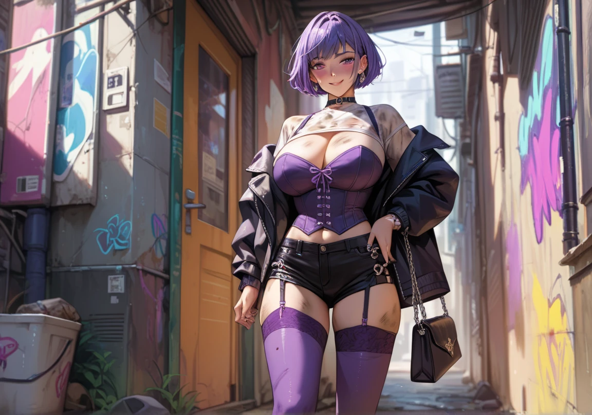 ,ruanyi1205,outdoors,dirty,alley,door,graffiti,,ruanyi1194,purple panties,purple thighhighs,black jacket,handbag,garter straps,purple corset,chain,black shorts,score_9, score_8_up, score_7_up, score_6_up, score_9, score_8_up, score_7_up, score_6_up source_anime, blush, 1girl, seduce smile, perfect body , natural huge breasts
