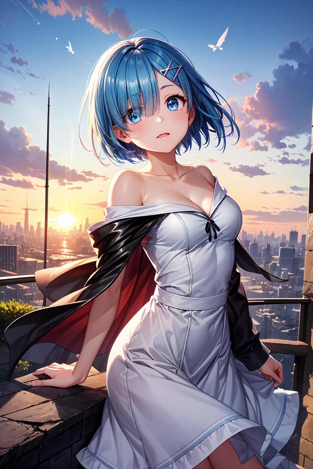 (masterpiece, best quality:1.1), 1girl, solo, medium breasts, lavender eyes, looking up, sunrise, radiant, luminous, leaning back, arm under breasts, breasts hold, outdoors, sculpture park, art, sculptures, nature, contemporary, innovative, modern, landscape art, art installations, short hair, swept bangs, ahoge, sailor dress, jewelry, surprised, wide-eyed, prominent forehead, narrow mouth, long lashes