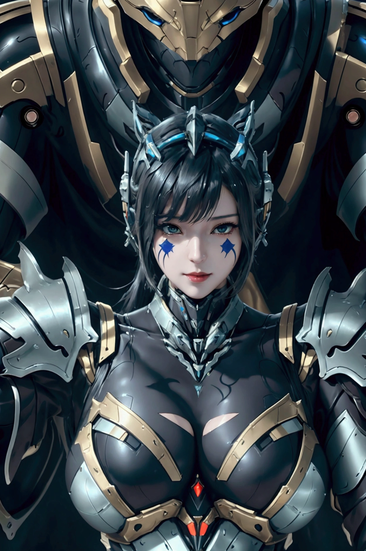 a mature woman, Confident, mighty and strong, (black blue hair streaked sky blue luminous hair), ((Extra long high ponytail with single side ear front hair combed in back)), floating hair, hair strand, shiny hair, blue amber eyes, pupils sparkling, aqua eyes, glowing eyes, pupils sparkling, upturned eyes, long upper eyelashes, double eyelids, deep red purple lips, white crystal earrings, a slight smile, (((Glowing clothing effect))), (Silver full body heavy armor), (((super high exquisite black and gold twin color pattern on silver armor))), ((Right hand holds a silver spear with lightning)), ((The left forearm is surrounded by fire and lightning)), (A huge upright lightning ring totem floats behind the shoulders), She is a war goddess, Random pose, Random expressions, Random background, White light surrounding the body, god rays, anime, full_body, Wide-Angle, UHD, masterpiece, award winning, 8k, super detail, best quality, retina, ccurate, super textured skin, super detail face, perfect face, Super fine facial details, beautiful and delicate eyes, perfect eyes, anatomically correct, correct limbs, correct finger, super detail finger, best hair quality, best clothing quality, best prop quality, best totem detail and quality, complex totem detail