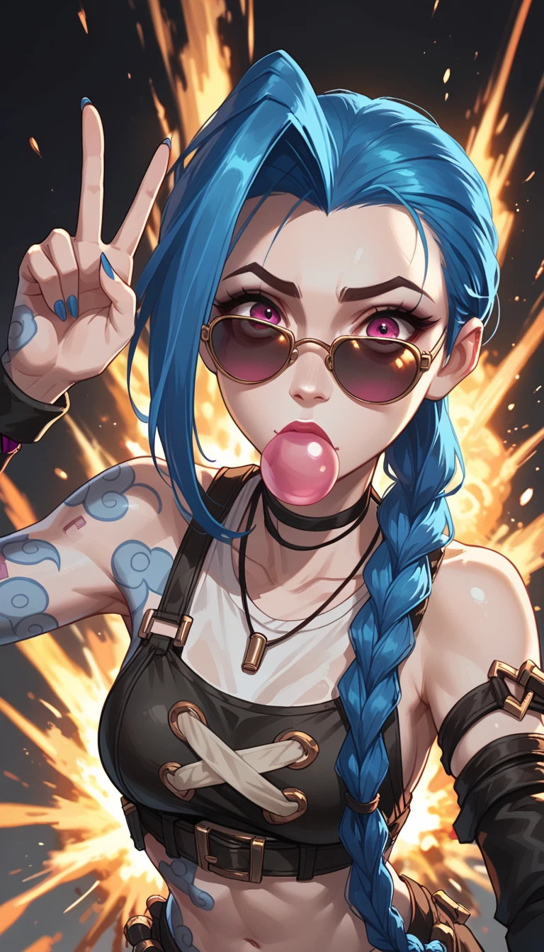 jinx from league of legends, wearing sunglasses while her hand showing the peace hand sign. There is a huge explosion behind her, blowing up a secret lab. she has a long twin braid, and a bubble gum in her mouth. dutch camera angle, wide shot, with the composition of the image should be intense with the color of the explosion and the light it emits.